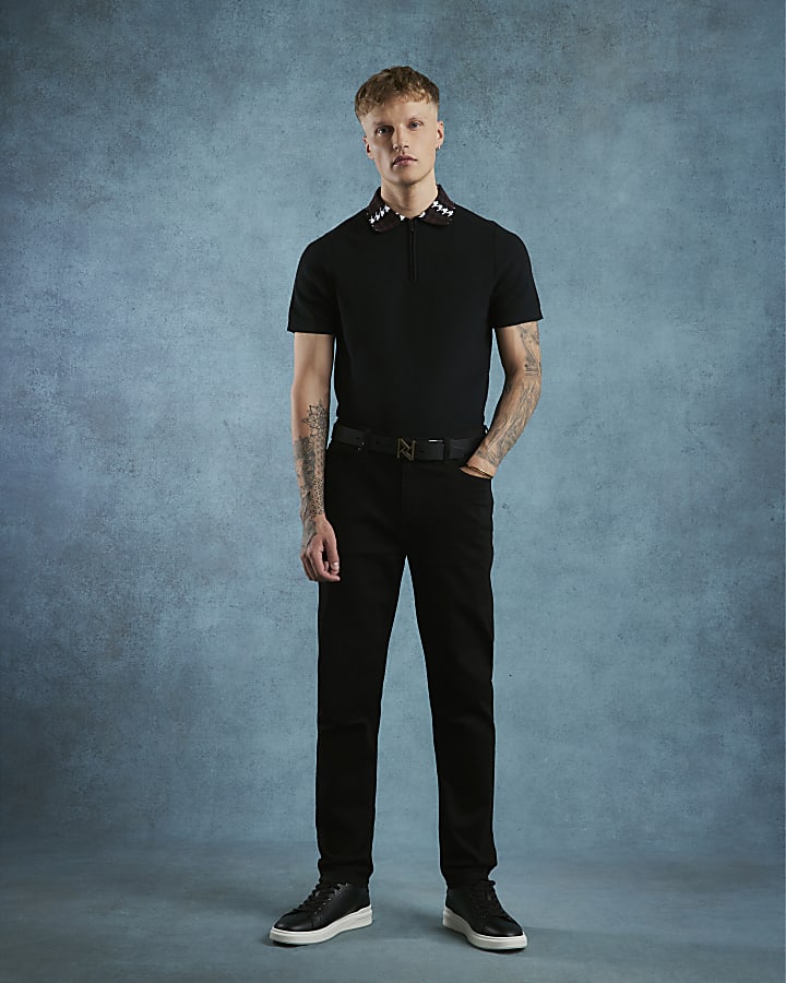 Black Slim Fit Check Collar Polo Shirt