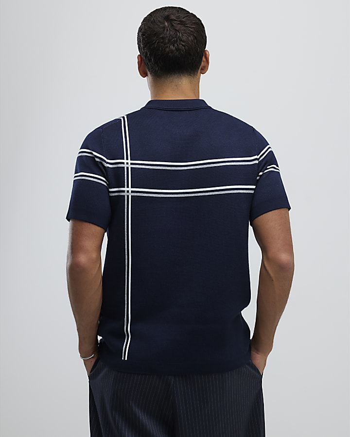 Navy Slim Fit Abstract Check Polo Shirt