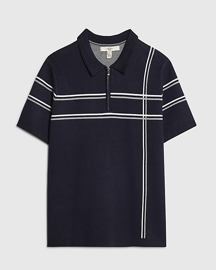 Navy Slim Fit Abstract Check Polo Shirt