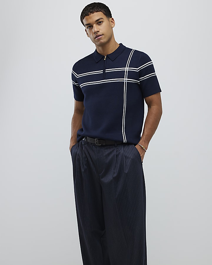 Navy Slim Fit Abstract Check Polo Shirt