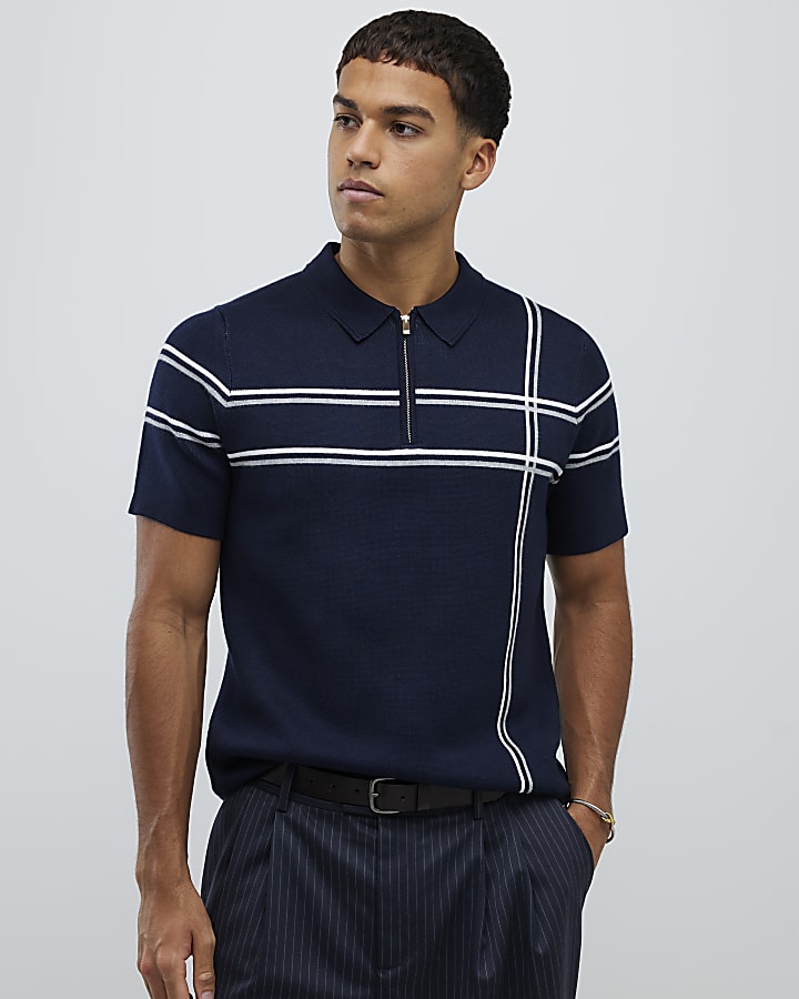 Navy Slim Fit Abstract Check Polo Shirt
