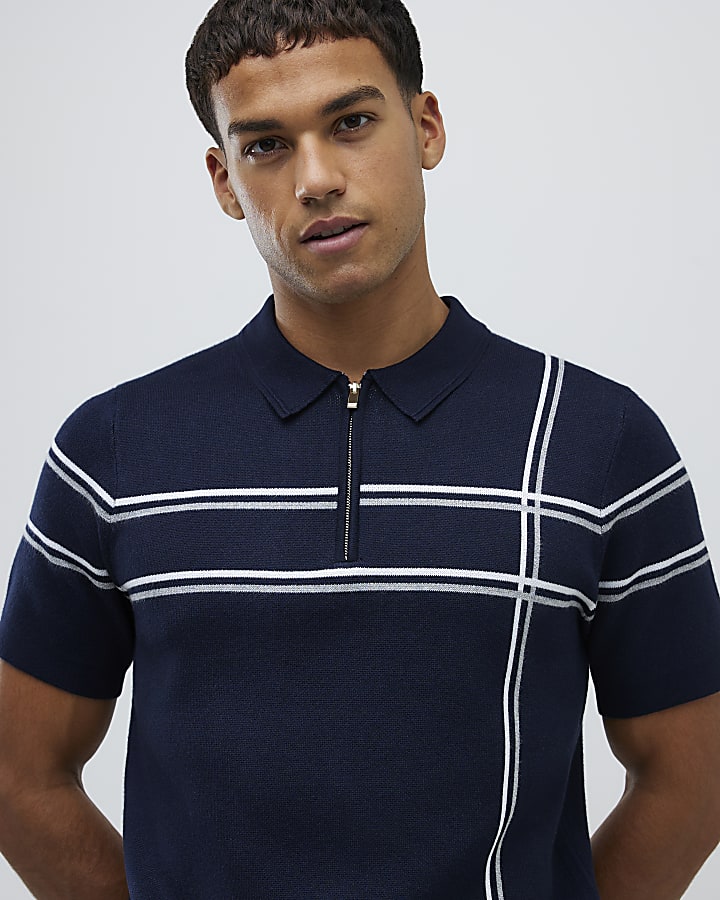 Navy Slim Fit Abstract Check Polo Shirt