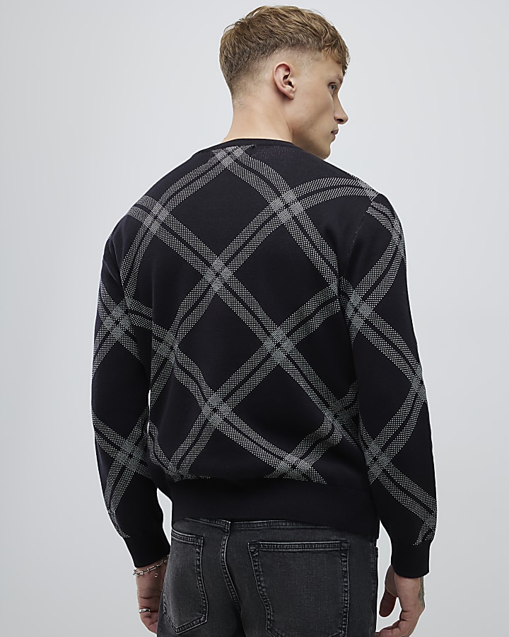 Black Knitted Long Sleeve Check Print Jumper