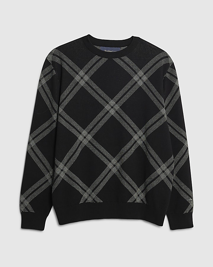 Black Knitted Long Sleeve Check Print Jumper