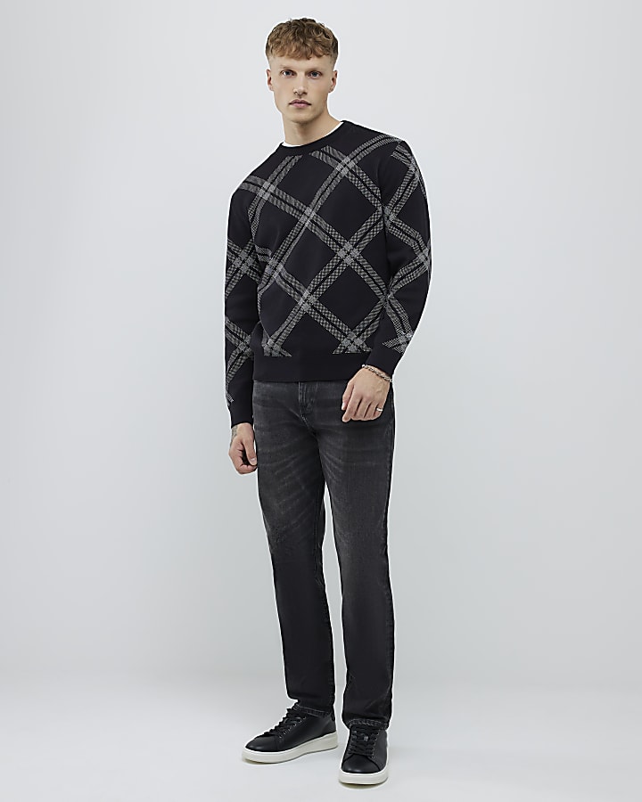 Black Knitted Long Sleeve Check Print Jumper
