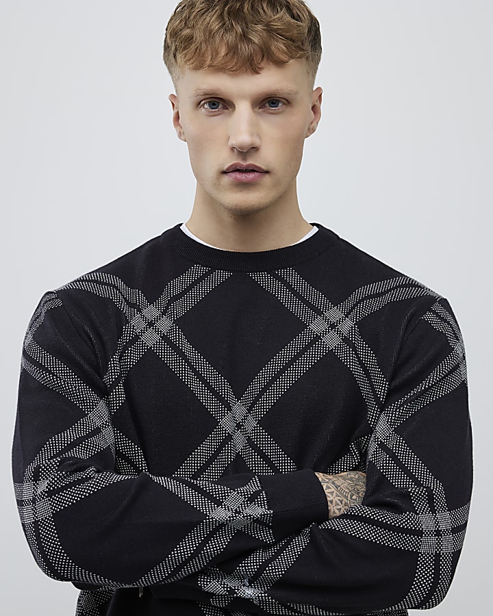 Black Knitted Long Sleeve Check Print Jumper