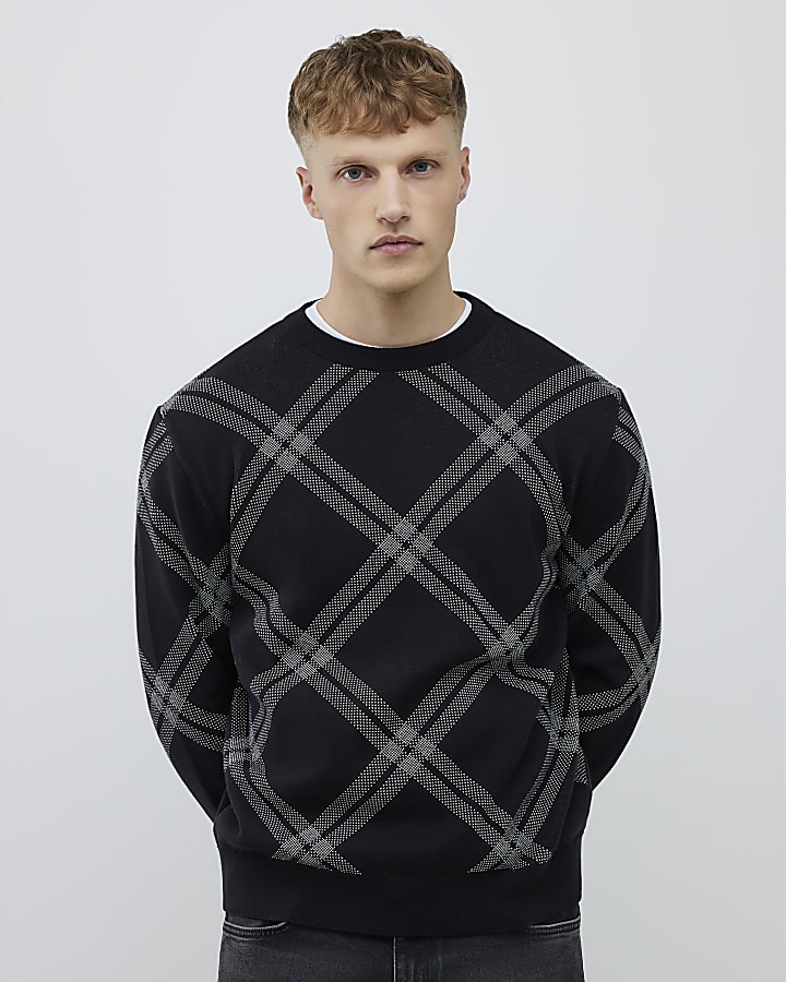 Black Knitted Long Sleeve Check Print Jumper
