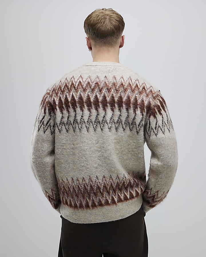 Beige Regular Fit Fairisle Jumper
