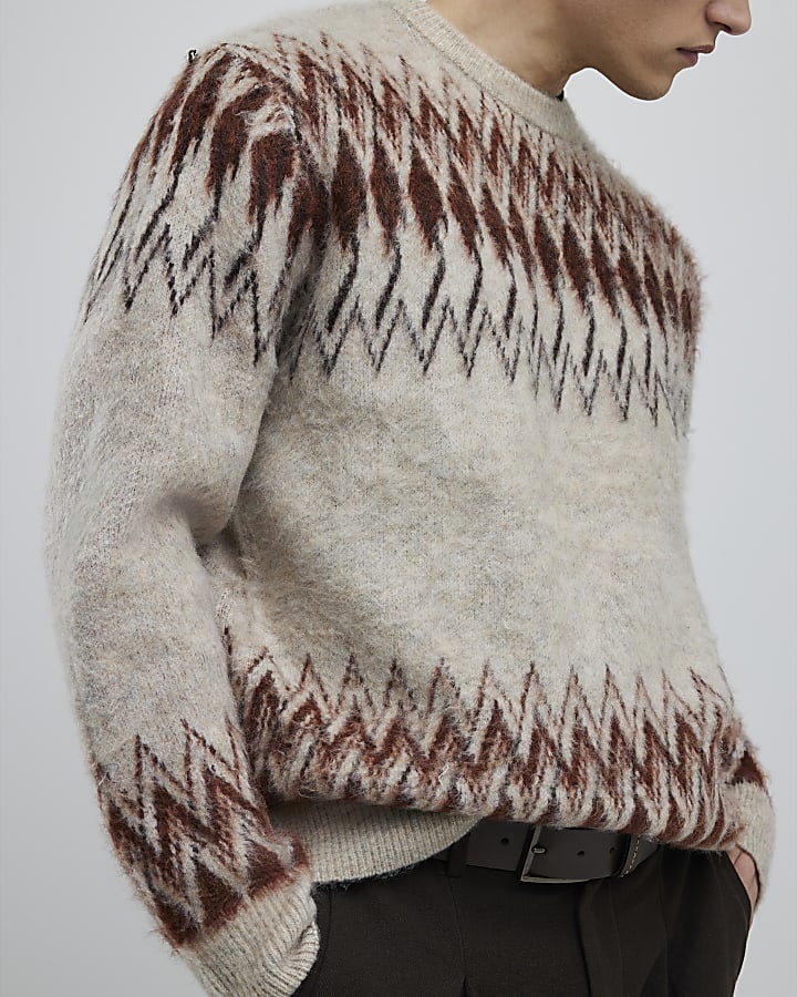 Beige Regular Fit Fairisle Jumper