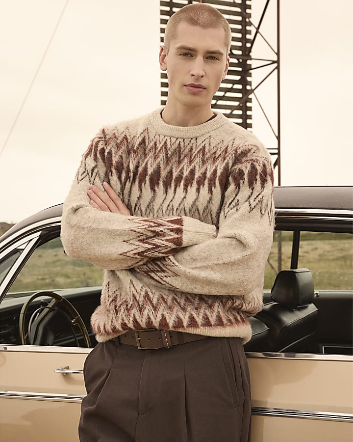 Beige Regular Fit Fairisle Jumper