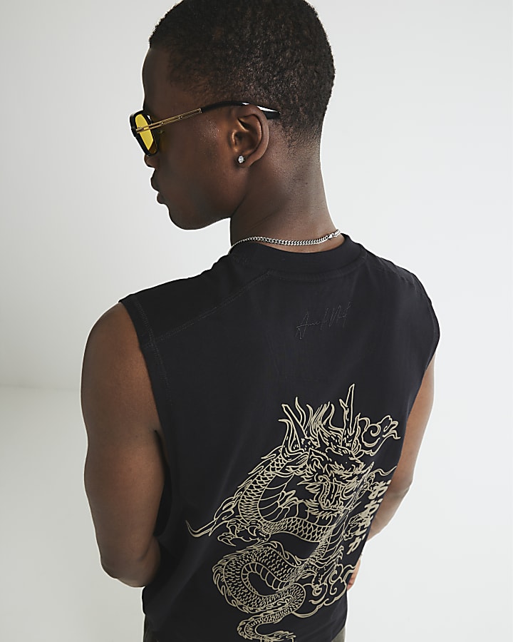 Black Regular Fit Dragon Print Tank Top