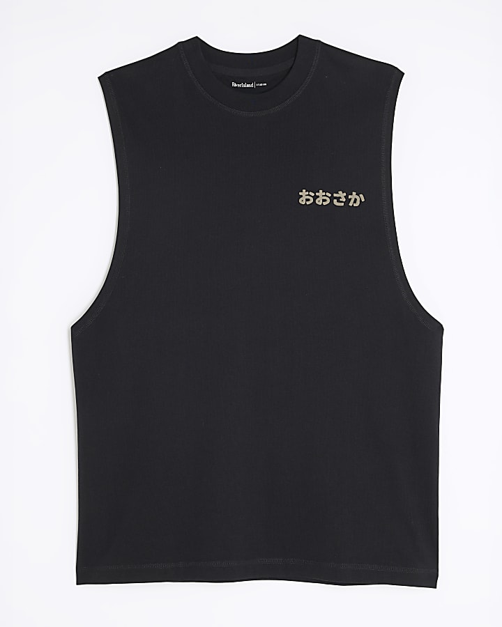Black Regular Fit Dragon Print Tank Top