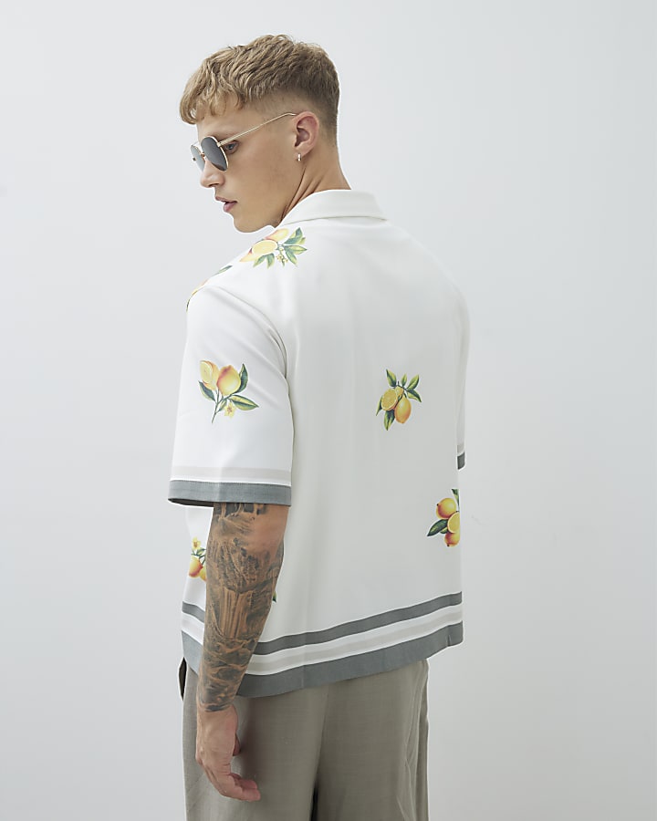 White Regular Fit Lemon Print Striped Shirt