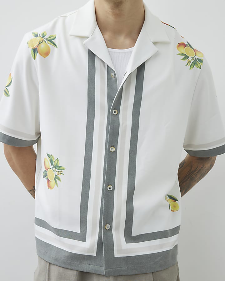 White Regular Fit Lemon Print Striped Shirt