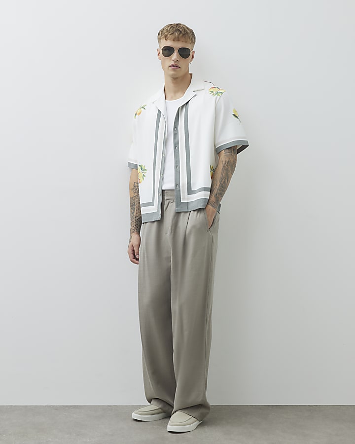 White Regular Fit Lemon Print Striped Shirt