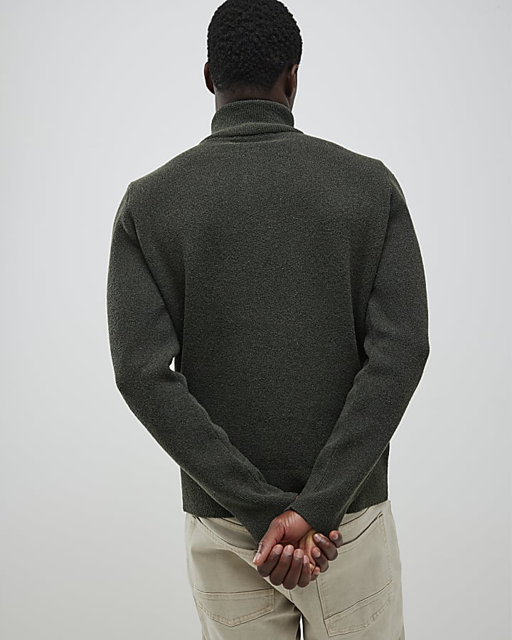 Khaki Regular Fit Boucle Half Zip Jumpers