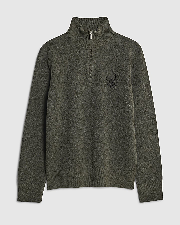 Khaki Regular Fit Boucle Half Zip Jumpers