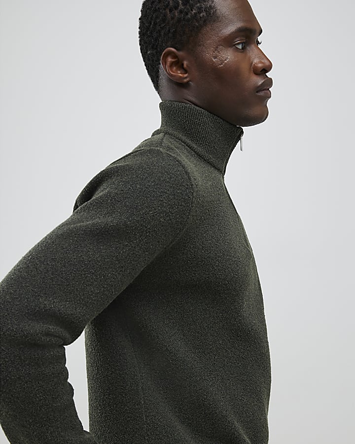 Khaki Regular Fit Boucle Half Zip Jumpers