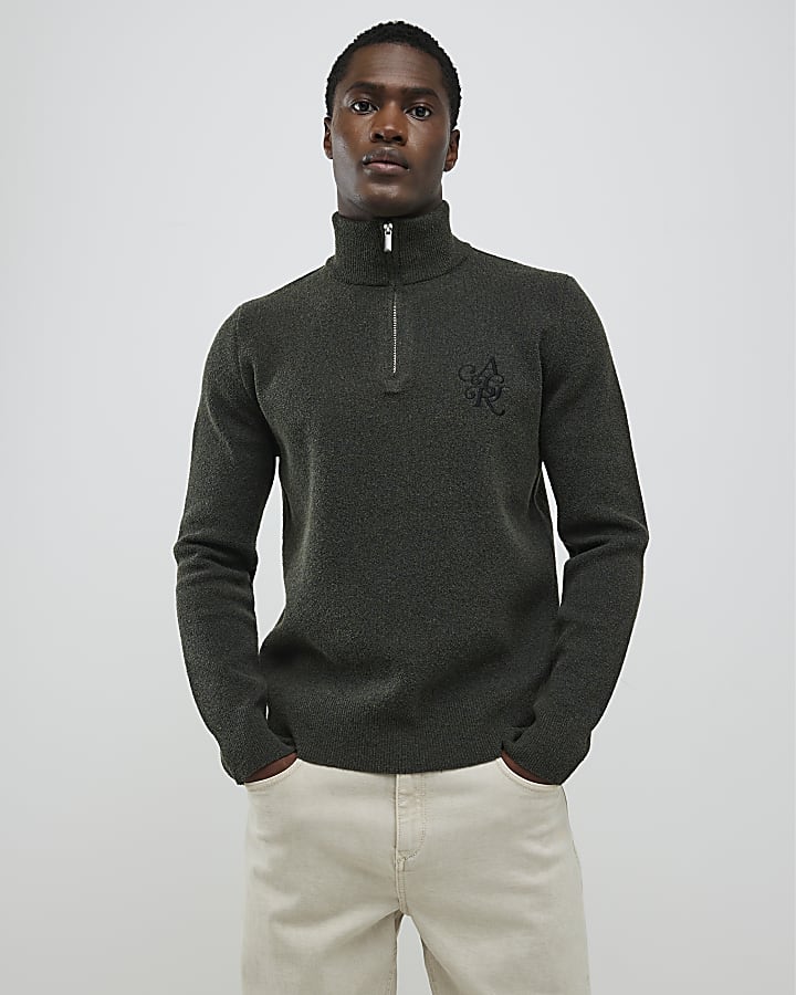 Khaki Regular Fit Boucle Half Zip Jumpers