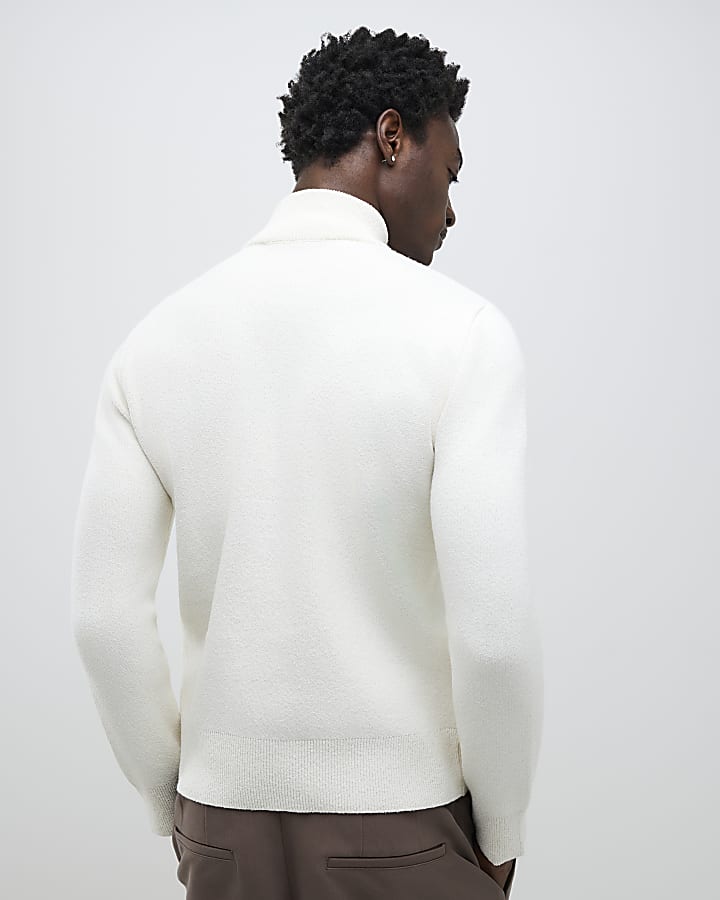 Ecru Regular Fit Boucle Half Zip Jumpers