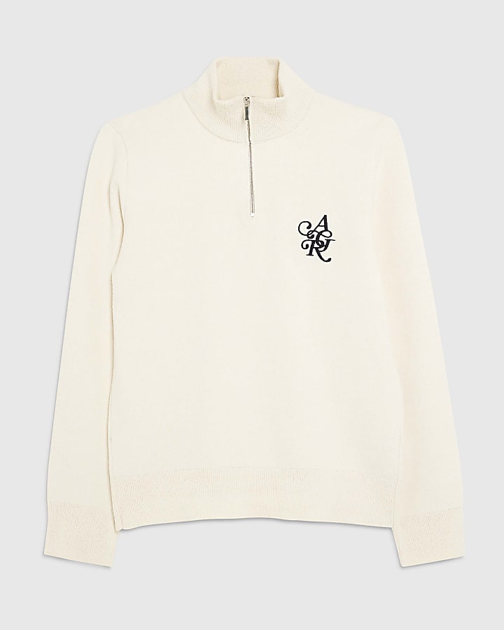 Ecru Regular Fit Boucle Half Zip Jumpers