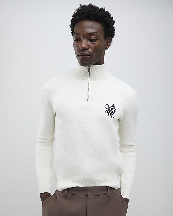 Ecru Regular Fit Boucle Half Zip Jumpers