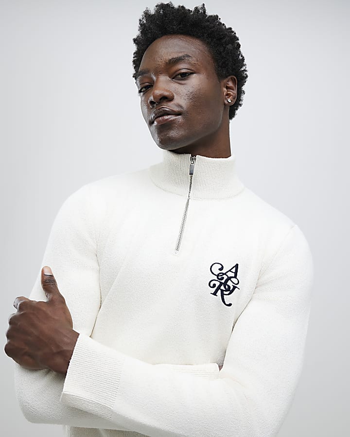 Ecru Regular Fit Boucle Half Zip Jumpers