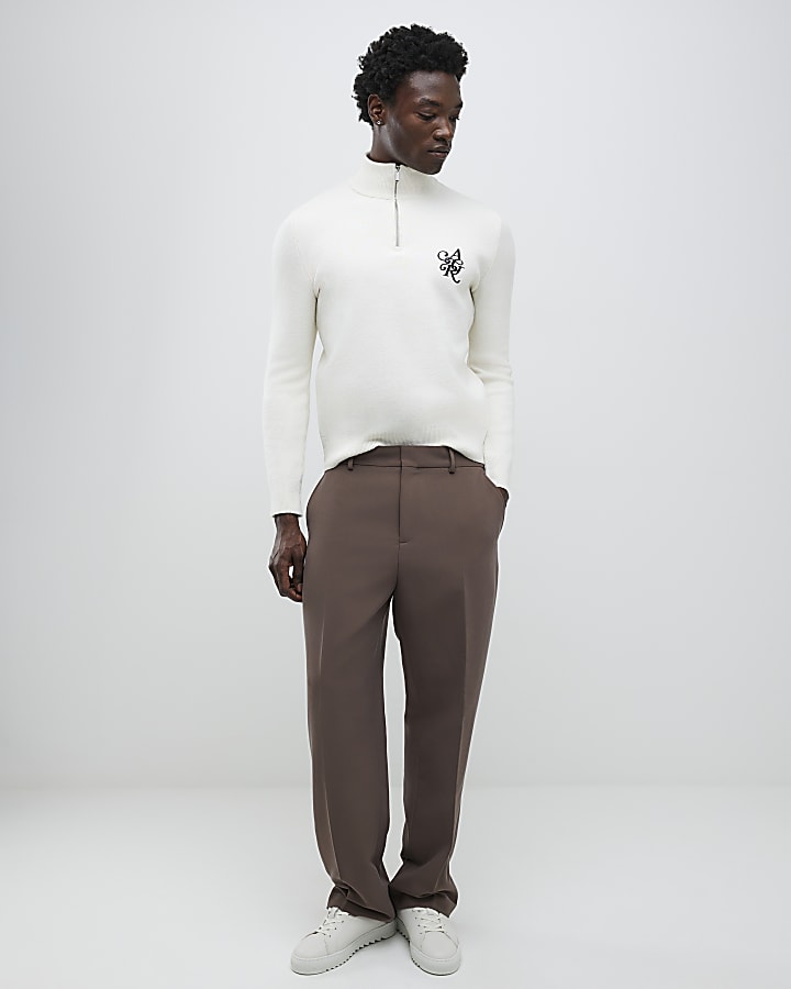 Ecru Regular Fit Boucle Half Zip Jumpers