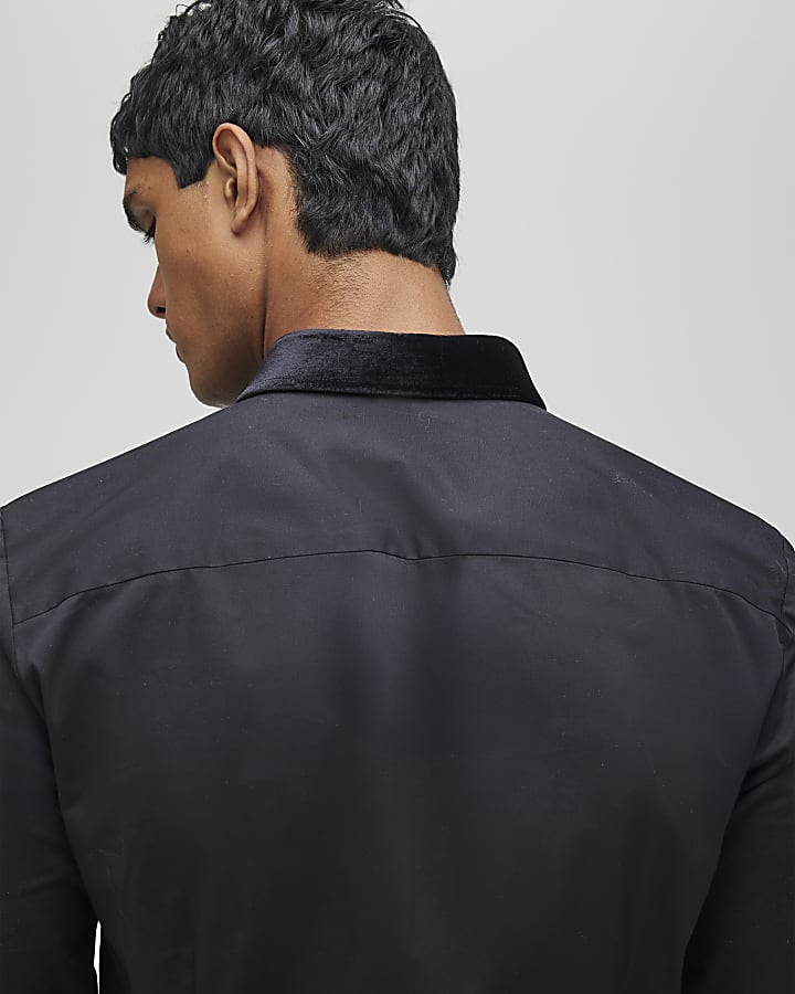 Black Slim Fit Velvet Stripe Shirt