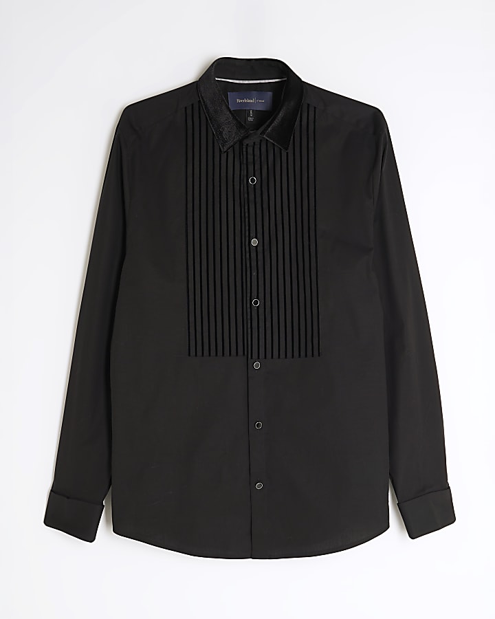 Black Slim Fit Velvet Stripe Shirt