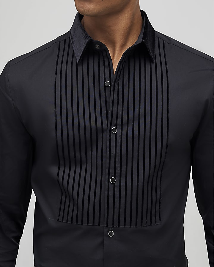 Black Slim Fit Velvet Stripe Shirt