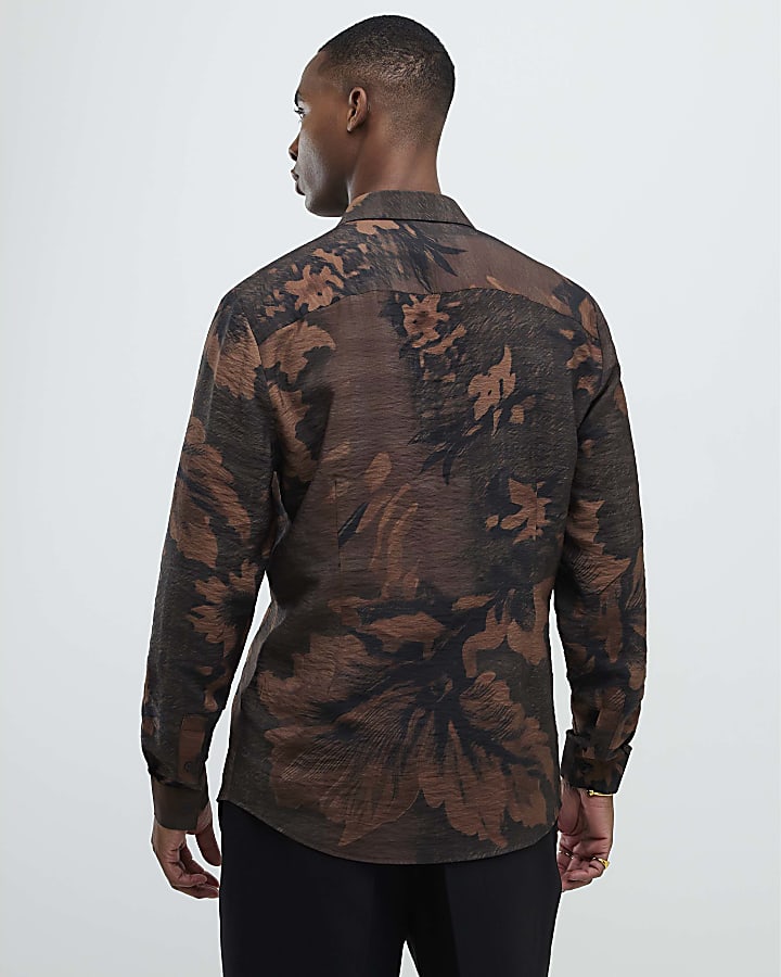 Brown Slim Fit Floral Shirt