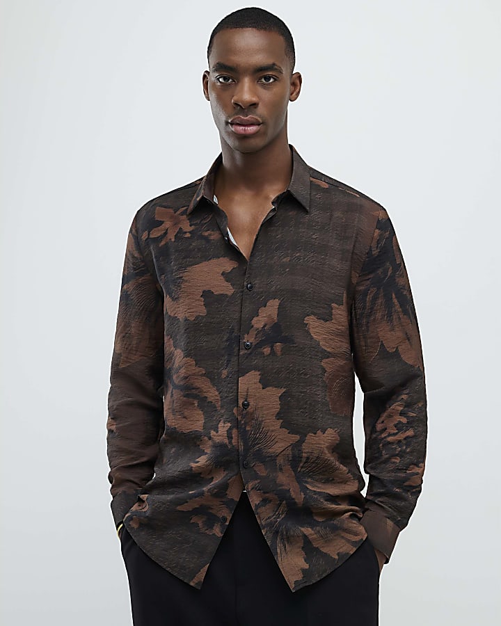 Brown Slim Fit Floral Shirt