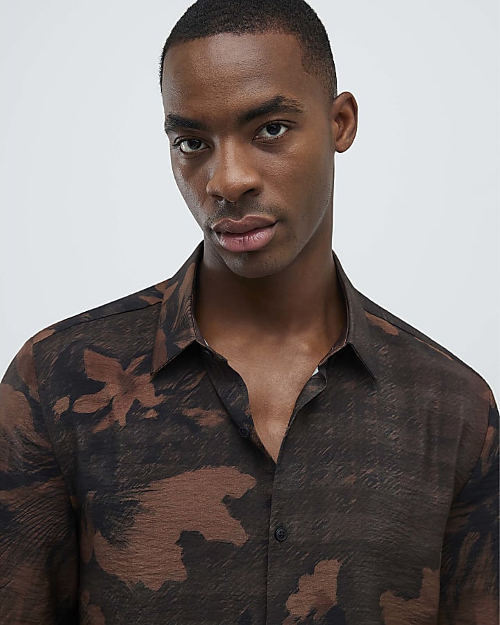 Brown Slim Fit Floral Shirt