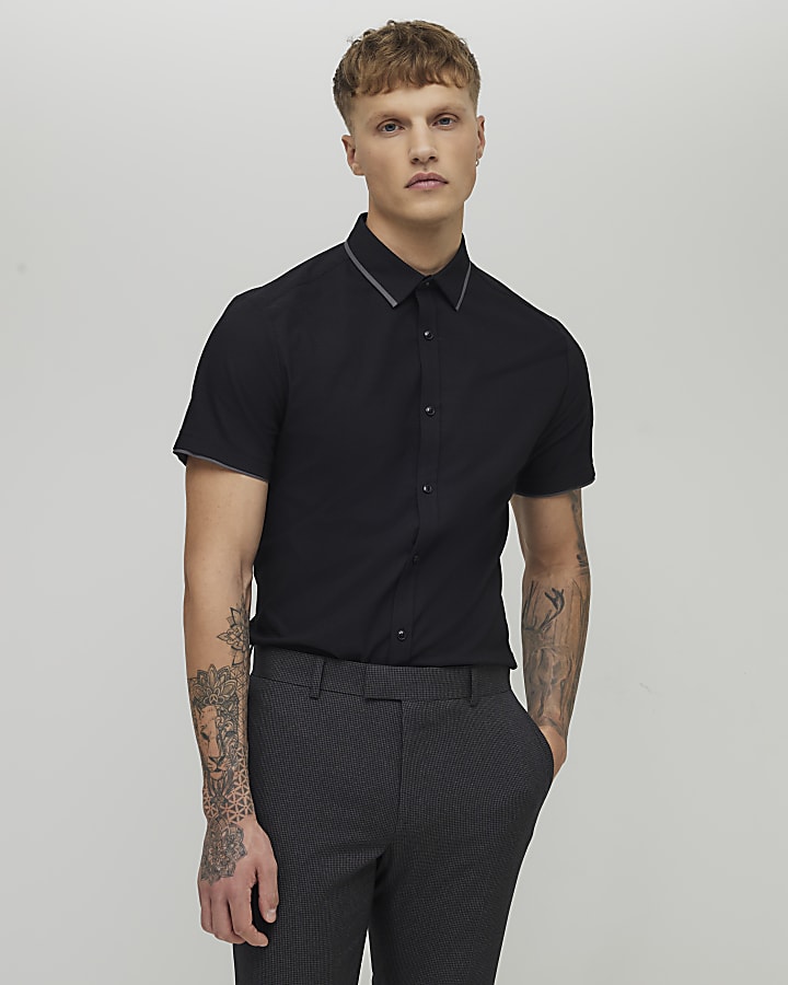 Black Muscle Fit Tipped Shirt