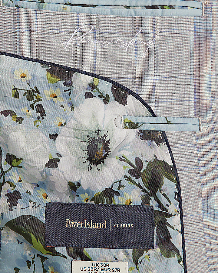 Blue Slim Fit Check Suit Jacket