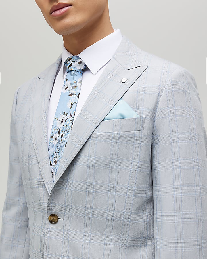 Blue Slim Fit Check Suit Jacket