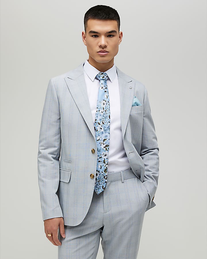 Blue Slim Fit Check Suit Jacket