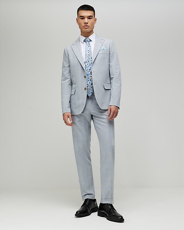 Blue Slim Fit Check Suit Jacket
