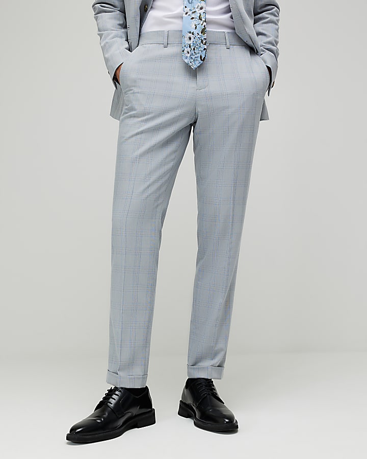 Blue Slim Fit Check Slim Suit Trousers