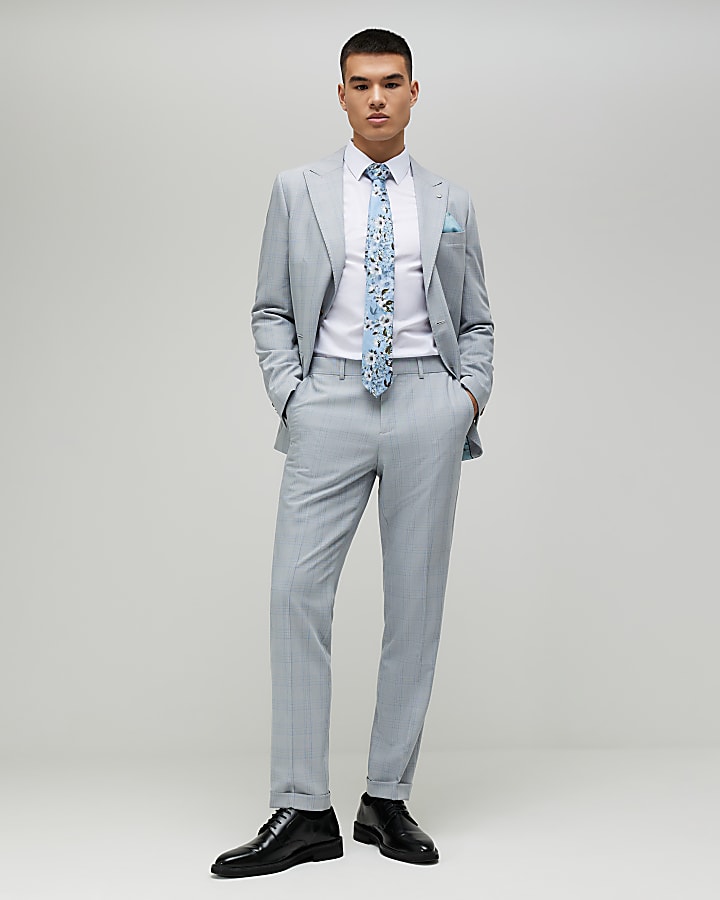 Blue Slim Fit Check Slim Suit Trousers