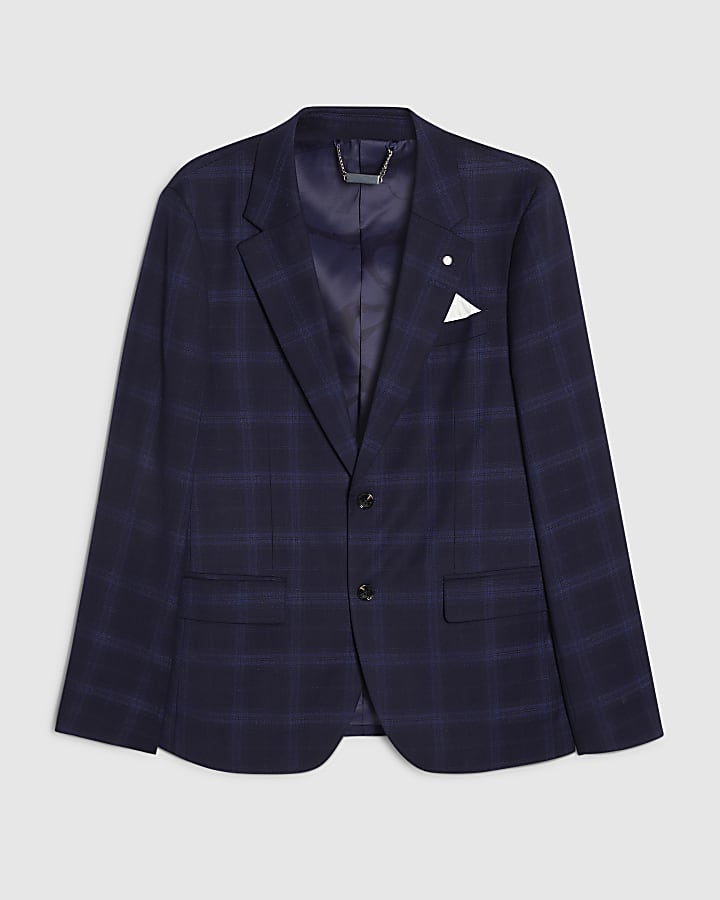 Navy Slim Fit Check Suit Jacket