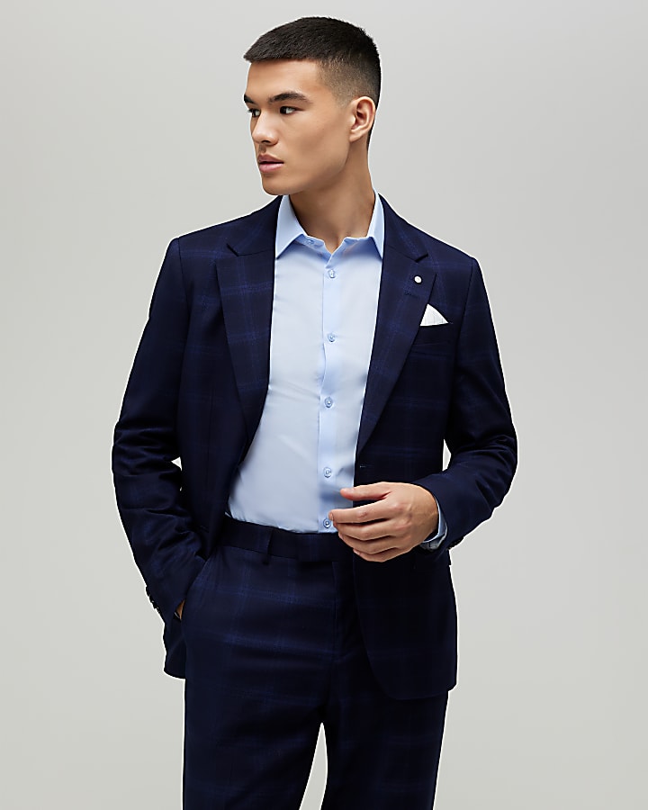 Navy Slim Fit Check Suit Jacket