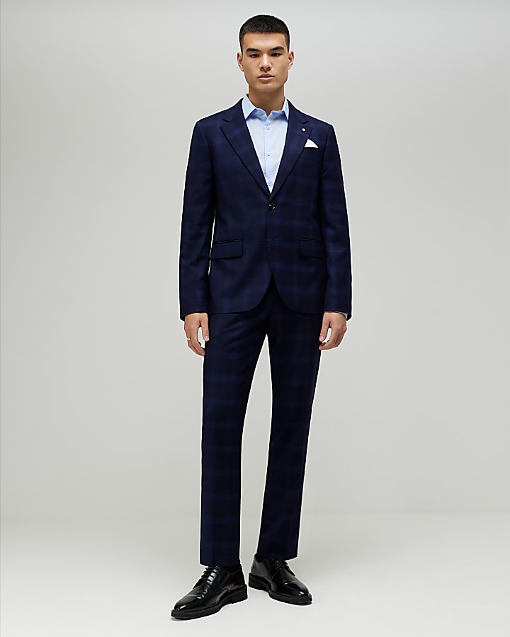 Navy Slim Fit Check Suit Jacket