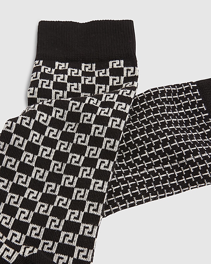 Black Monochrome Multi Design Pack Of 5 Socks