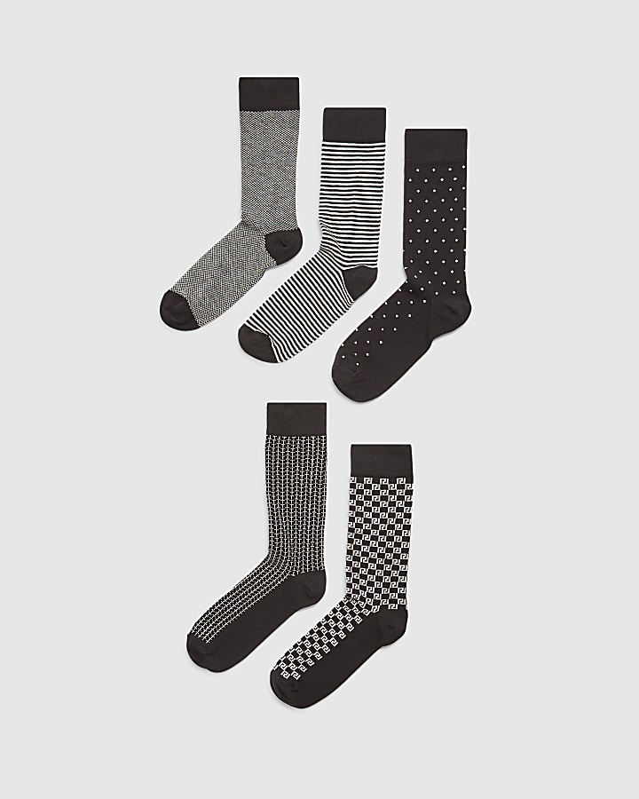 Black Monochrome Multi Design Pack Of 5 Socks