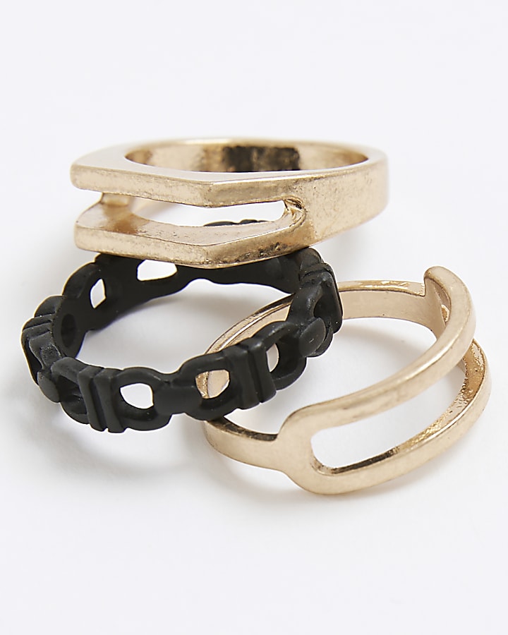 Black And Gold Metal Multi Pack Of 5 Rings