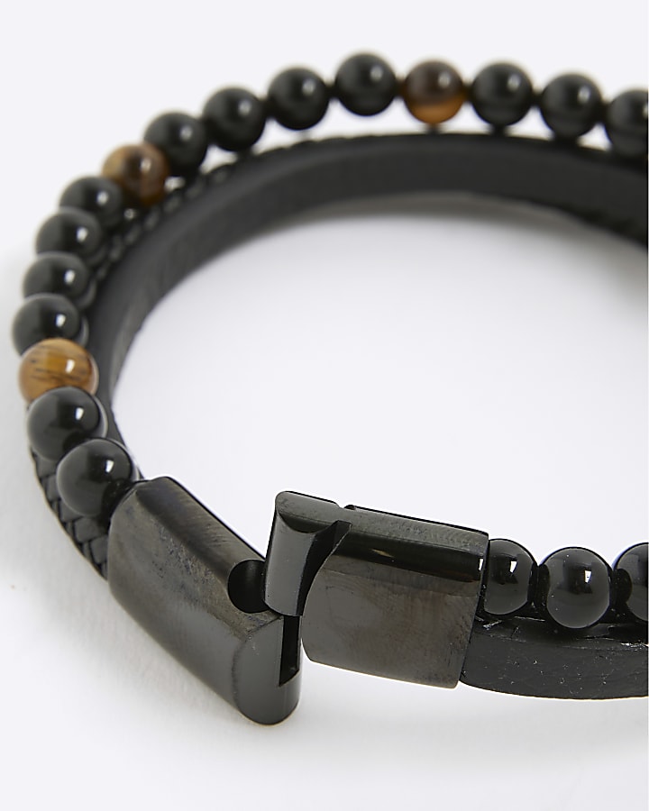 Black Leather Tigers Eye Bracelet