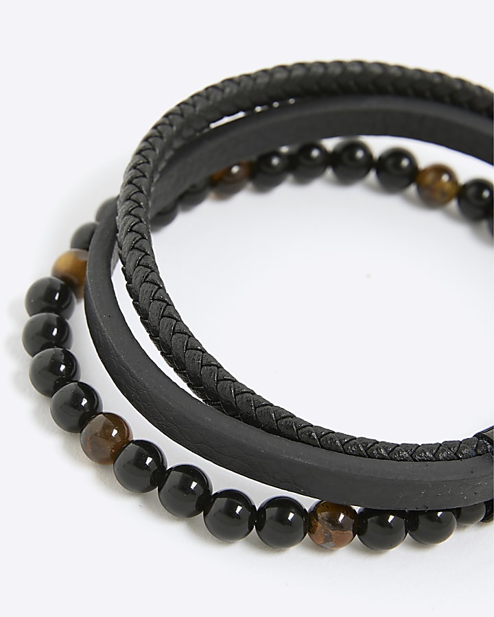 Black Leather Tigers Eye Bracelet