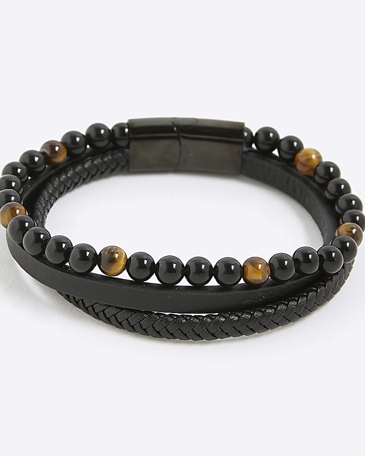 Black Leather Tigers Eye Bracelet